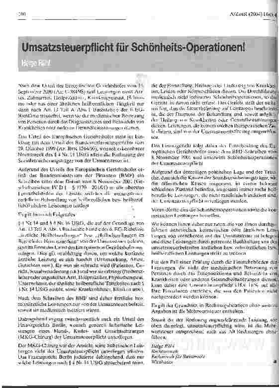 Vorschauseite 1: Umsatzsteuerpflicht für Schönheits-Operationen!