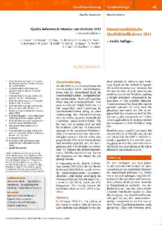 Vorschauseite 1: Intensivmedizinische Qualitätsindikatoren 2013