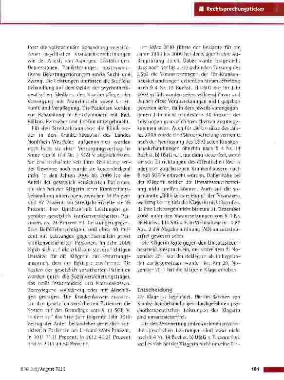 Vorschauseite 2: Umsatzsteuerbefreiung von Privatkliniken FG Münster vom 18.3.2014(15X4236/11 U)