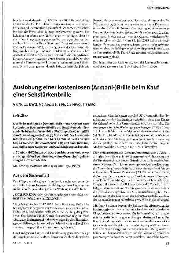 Vorschauseite 1: Auslobung einer kostenlosen (Armani-)Brille beim Kauf einer Sehstärkenbrille § 4 Nr. 11 UWG, § 7 Abs. 1 S. 1 Nr. 2 b HWG, § 3 MPG