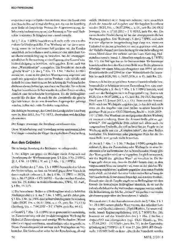 Vorschauseite 2: Auslobung einer kostenlosen (Armani-)Brille beim Kauf einer Sehstärkenbrille § 4 Nr. 11 UWG, § 7 Abs. 1 S. 1 Nr. 2 b HWG, § 3 MPG