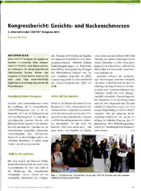 Vorschauseite 1: Kongressbericht: Gesichtsund Nackenschmerzen 4. Internationaler CRAFTA@-Kongress 2014