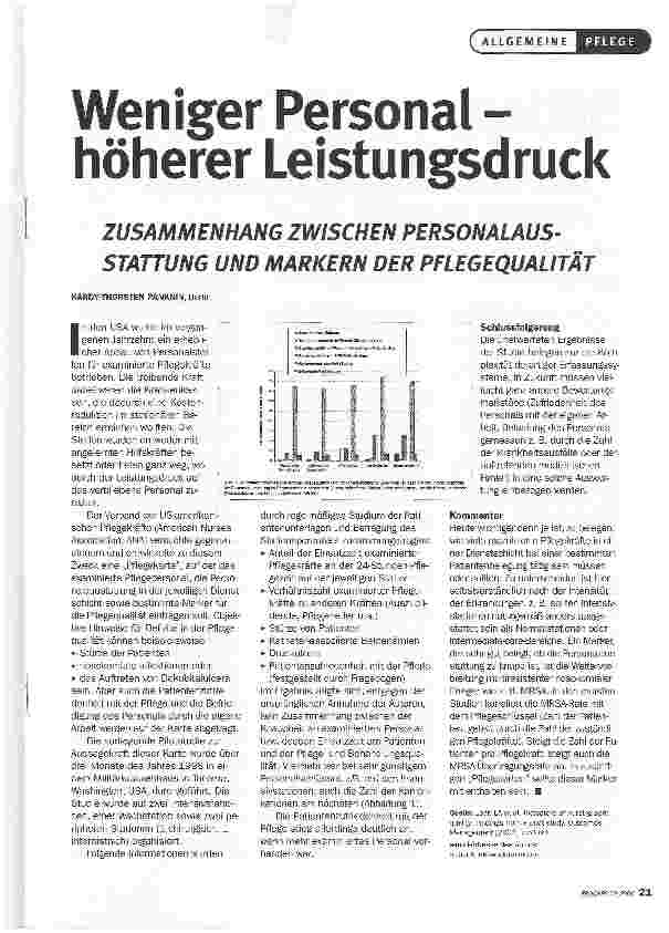 Vorschauseite 1: Weniger Personal -höherer LeistungsdruckZUSAMMENHANG ZWISCHEN PERSONALAUSSTATTUNG UND MARKERN DER PFLEGEQUALITÄT