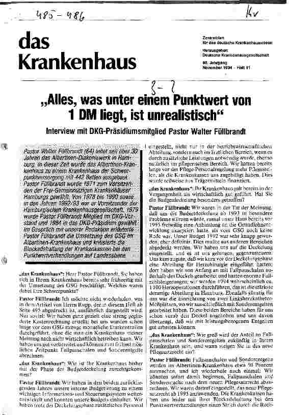 Vorschauseite 1: Alles, was unter einem Punktwert von 1 DM liegt, ist unrealistisch Interview mit DKG-Präsidiumsmitglied Pastor Walter Füllbrandt