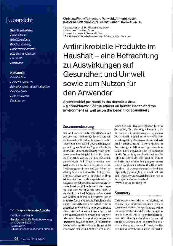Vorschauseite 1: Antimikrobielle Produkte im Haushalt - eine Betrachtung zu Auswirkungen auf Gesundheit und Umwelt sowie zum Nutzen für den Anwender
