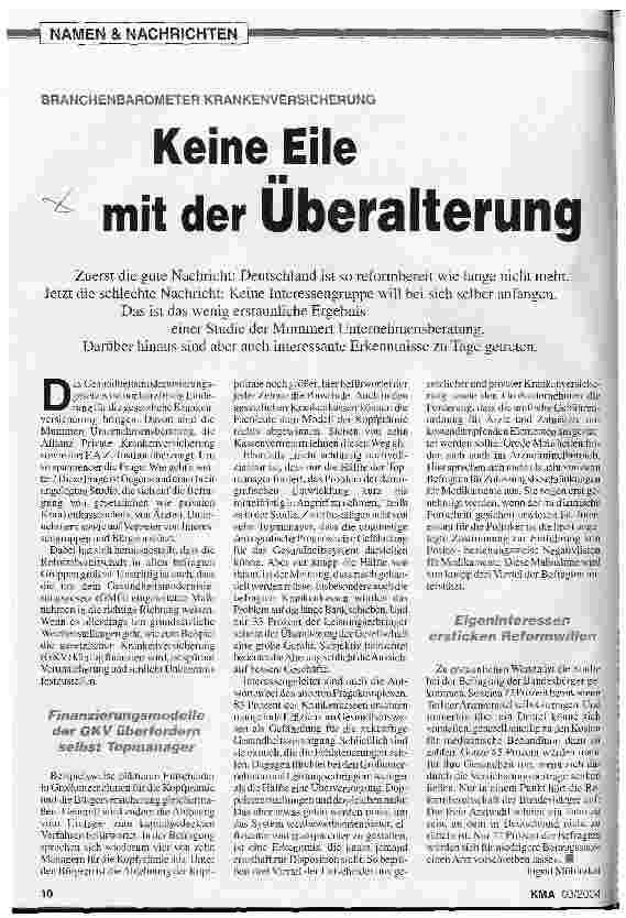 Vorschauseite 1: Keine Eile mit der Überalterung Branchenbarometer Krankenversicherung