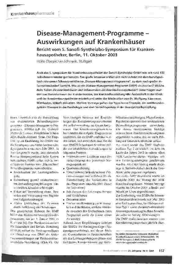 Vorschauseite 1: Disease-Management-Programme - Auswirkungen auf Krankenhäuser Bericht vom 5. Sanofi-Synthelabo-Symposium für Krankenhausapotheker, Berlin, 11. Oktober 2003
