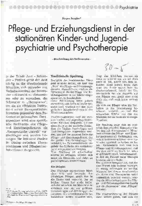 Vorschauseite 1: Pflegeund Erziehungsdienst in der stationären Kinderund Jugendpsychiatrie und Psychotherapie Beschreibung des Stellenwertes