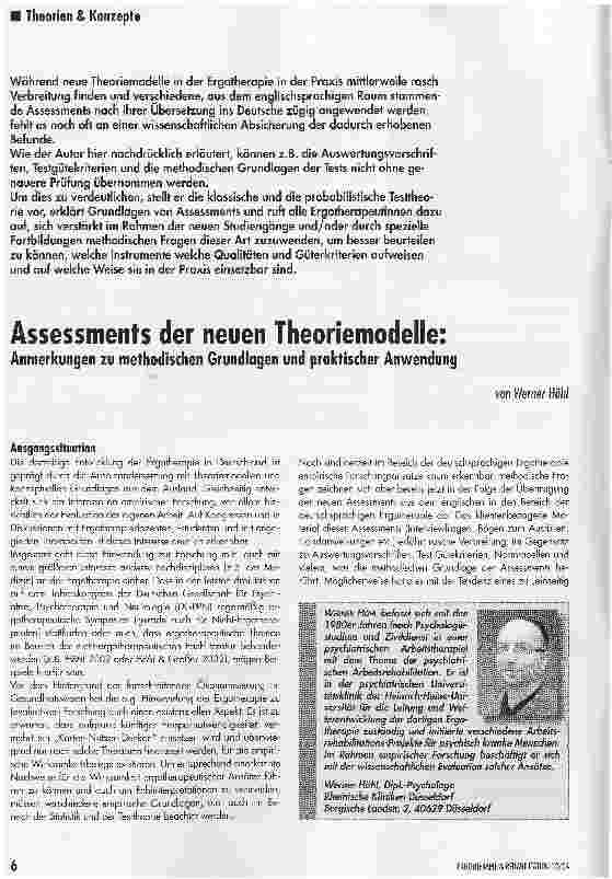 Vorschauseite 1: Assessments der neuen Theoriemodelle:Anmerkungen zu methodischen Grundlagen und praktischer Anwendung