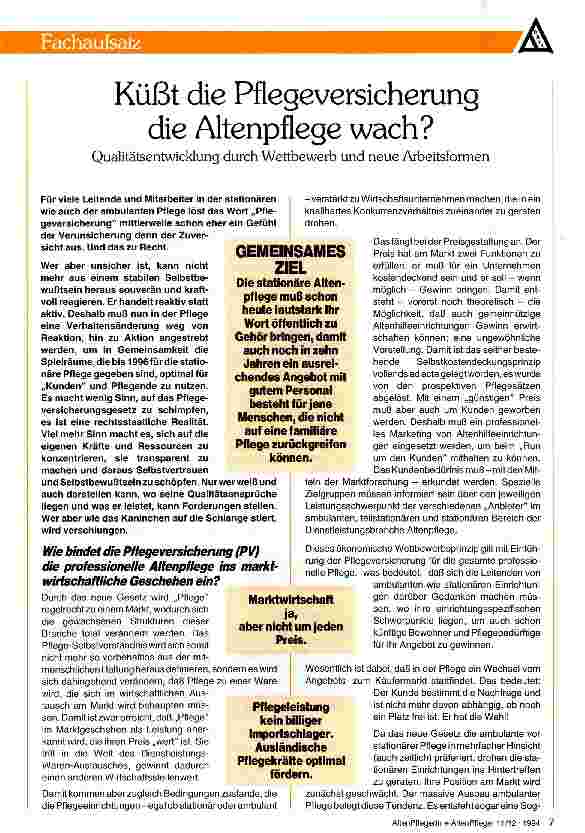 Vorschauseite 1: Küßt die Pflegeversicherung die Altenpflege wach? Qualitätsentwicklung durch Wettbewerb und neue Arbeitsformen
