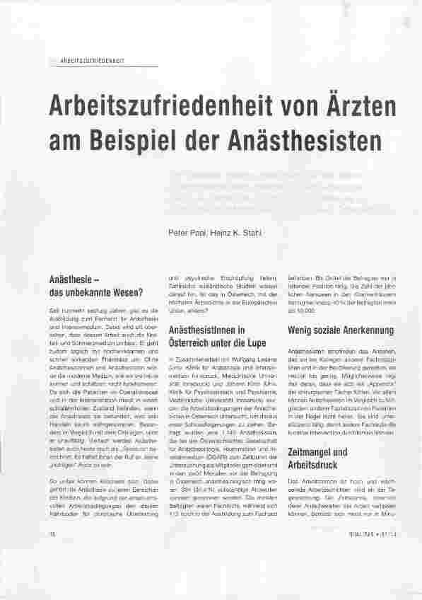 Vorschauseite 1: Arbeitszufriedenheit von Ärzten am Beispiei der Anästhesisten