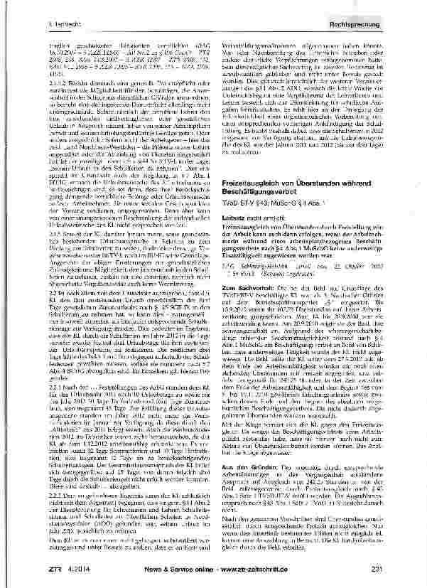 Vorschauseite 1: Freizeitausgleich von Überstunden während Beschäftigungsverbot TVöD-BT-V §43; MuSchG §4 Abs. 1
