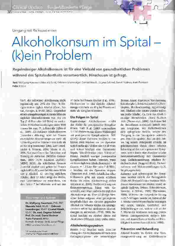 Vorschauseite 1: Alkoholkonsum im Spital (k)ein Problem