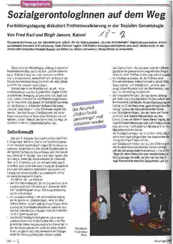 Vorschauseite 1: Sozialgerontologinnen auf dem Weg Fortbildungstagung diskutiert Professionalisierung in der Sozialen Gerontologie