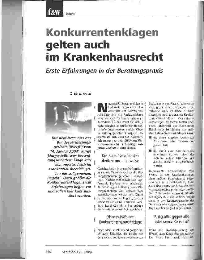 Vorschauseite 1: Konkurrentenklagen gelten auch im KrankenhausrechtErste Erfahrungen in der Beratungspraxis