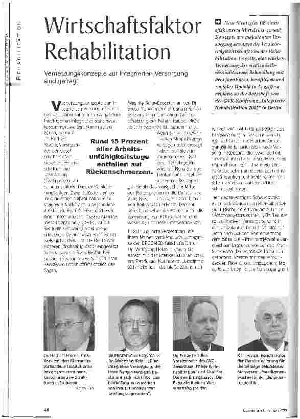 Vorschauseite 1: Wirtschaftsfaktor Rehabilitation Vernetzungskonzepte zur Integrierten Versorgung sind gefragt