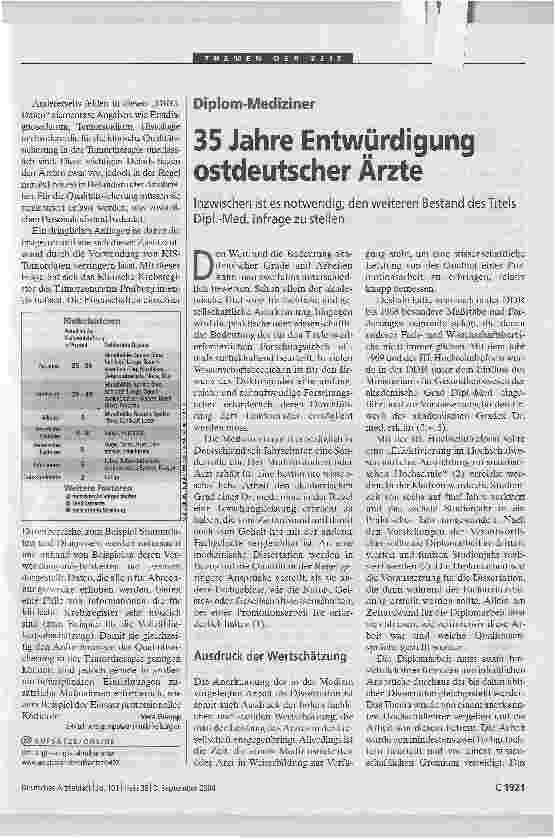 Vorschauseite 1: 35 Jahre Entwürdigung ostdeutscher ÄrzteDiplom-Mediziner