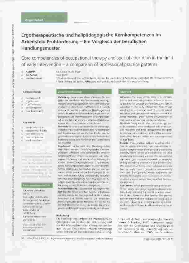 Vorschauseite 1: Ergotherapeutische und heilpädagogische Kernkompetenzen im Arbeitsfeld Frühförderung Ein Vergleich der beruflichen Handlungsmuster