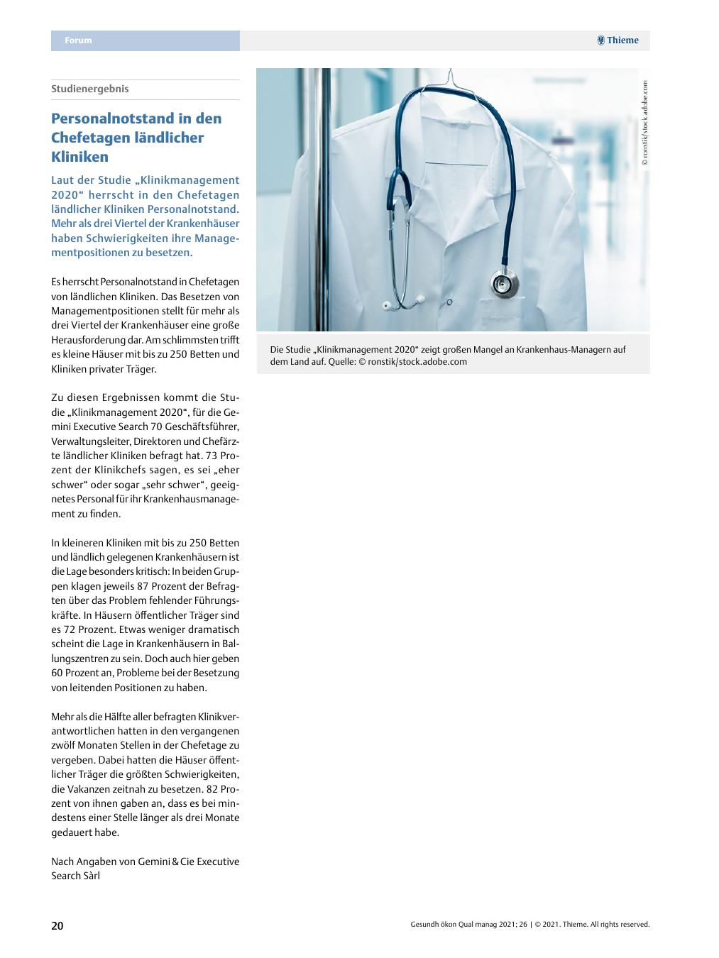 Vorschauseite 1: Studienergebnis: Personalnotstand in den Chefetagen ländlicher Kliniken