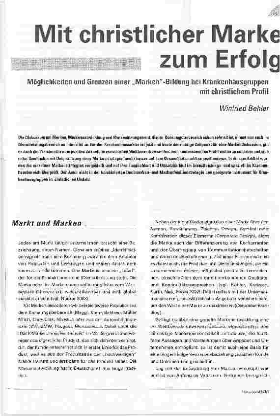 Vorschauseite 1: Mit christlicher Marke zum ErfolgMöglichkeiten und Grenzen einer Marken-Bildung bei Krankenhausgruppenmit christlichem Profil