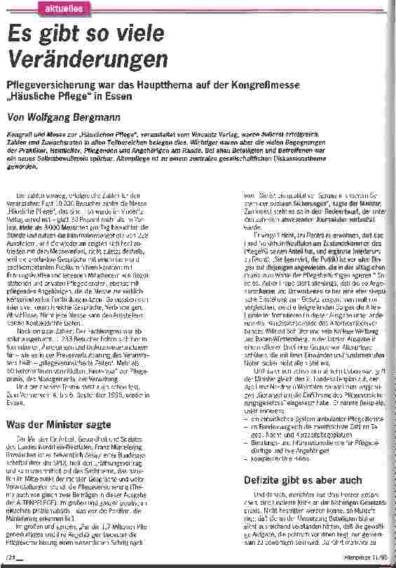 Vorschauseite 1: Es gibt so viele Veränderungen Pflegeversicherung war das Hauptthema auf der Kongreßmesse Häusliche Pflege in Essen
