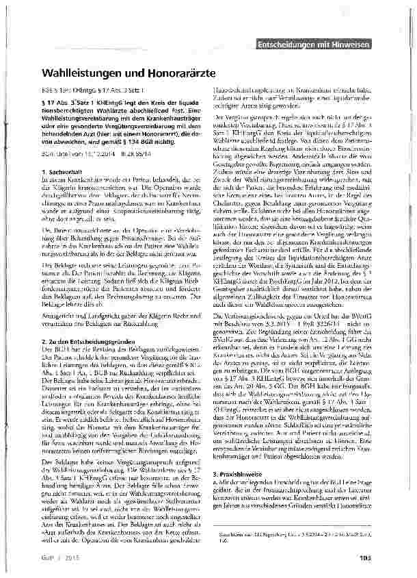 Vorschauseite 1: Wahlleistungen und Honorarärzte BGB § 134; KHEntgG § 17 Abs. 3 Satz 1