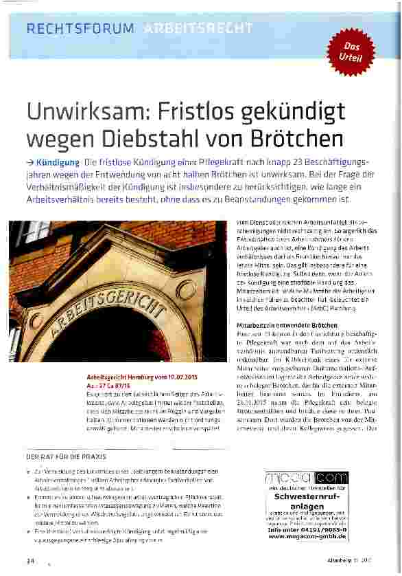 Vorschauseite 1: Unwirksam: Fristlos gekündigt wegen Diebstahl von Brötchen