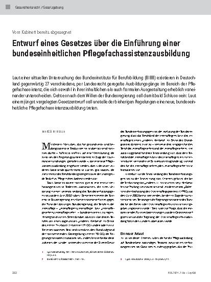 Vorschauseite 1: Entwurf eines Gesetzes über die Einführung einer bundeseinheitlichen Pflegefachassistenzausbildung