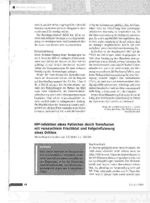 Vorschauseite 1: HIV-Infektion eines Patienten durch Transfusion mit verseuchtem Frischblut und Folgeinfizieruns eines DrittenOberlandesgericht Koblenz vom 7. 6. 2004 (13 U 1 527/01)