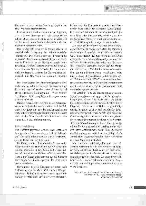Vorschauseite 2: HIV-Infektion eines Patienten durch Transfusion mit verseuchtem Frischblut und Folgeinfizieruns eines DrittenOberlandesgericht Koblenz vom 7. 6. 2004 (13 U 1 527/01)