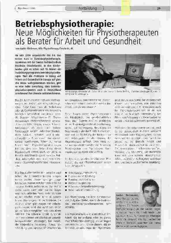 Vorschauseite 1: Betriebsphysiotherapie:Neue Möglichkeiten für Physiotherapeuten als Berater für Arbeit und Gesundheit