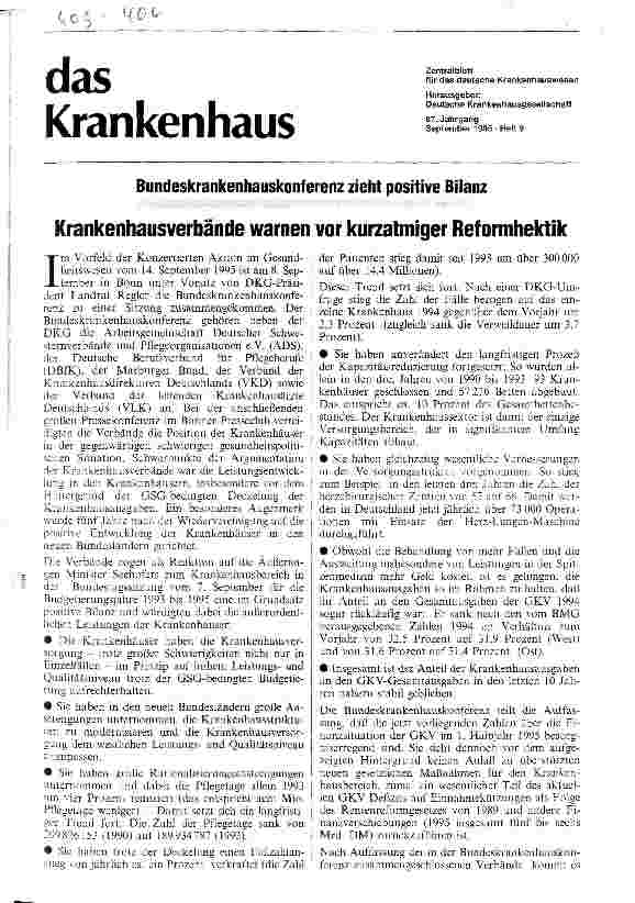 Vorschauseite 1: Krankenhausverbände warnen vor kurzatmiger Reformhektik Bundeskrankenhauskonferenz zieht positive Bilanz