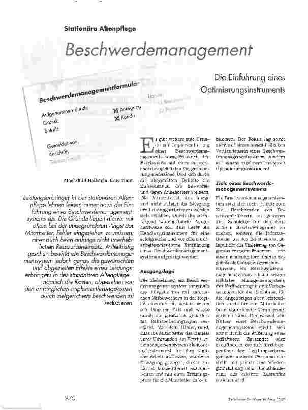 Vorschauseite 1: Stationäre AltenpflegeBeschwerdemanagementDie Einführung eines Optimierungsinstruments