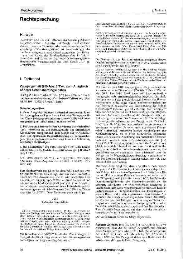 Vorschauseite 1: Zulage gemäß §16 Abs. 5 TV-L zum Ausgleich höherer Lebenshaltungskosten BGB §315 Abs. 1, Abs. 3; TV-L § 16 Abs. 5 Sätze 1 bis 3; Landeshaushaltsordnung für Baden-Württemberg vom 1…