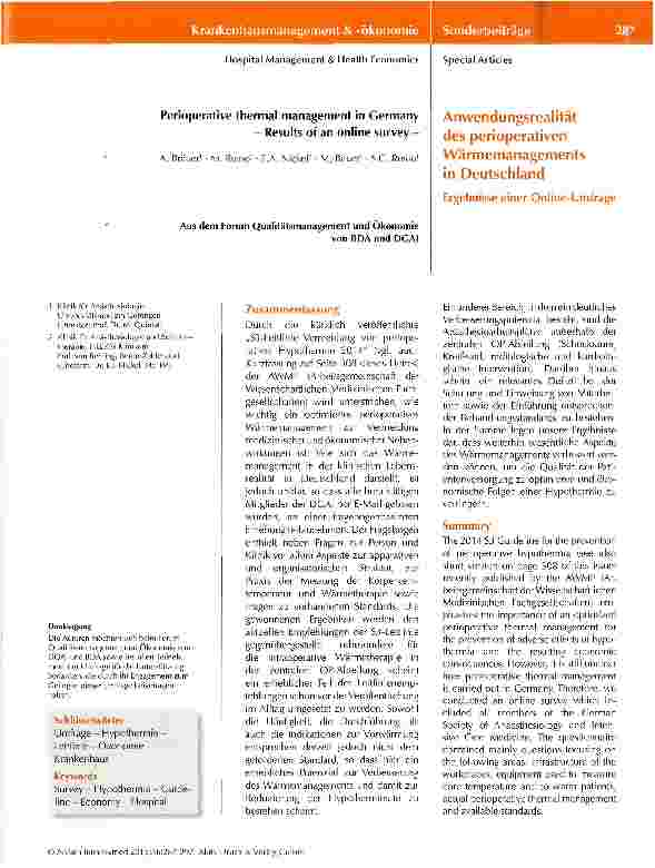 Vorschauseite 1: Anwendungsrealität des perioperativen Wärmemanagements in Deutschland
