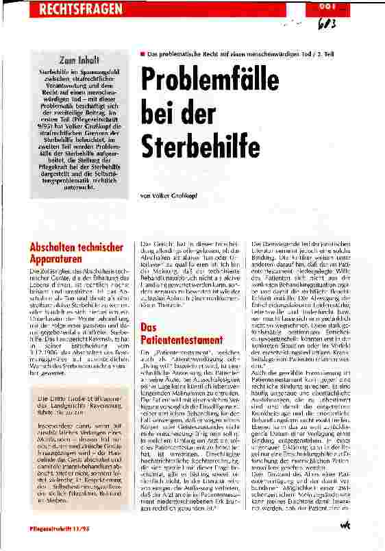 Vorschauseite 1: Problemfälle bei der Sterbehilfe Das problematische Recht auf einen menschenwürdigen Tod/2. Teil