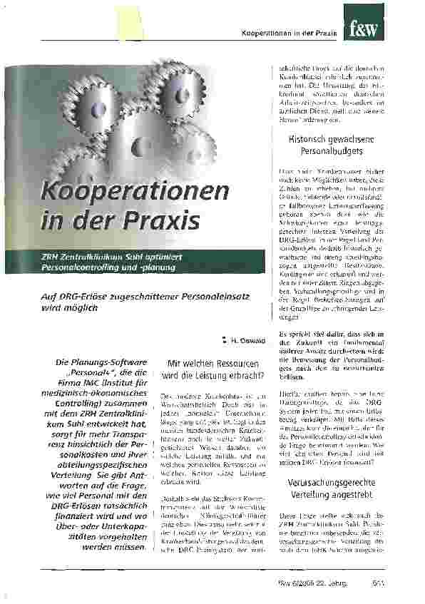 Vorschauseite 1: Kooperationen in der PraxisZRH Zentralklinikum Suhl optimiert Personalcontrolling und -planungAuf DRG-Erlöse zugeschnittener Personaleinsatz wird möglich