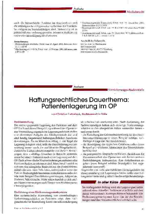 Vorschauseite 1: Haftungsrechtliches Dauerthema: Patientenlagerung im OP