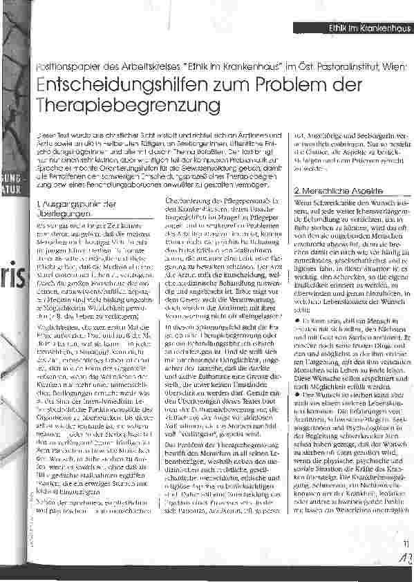 Vorschauseite 1: Entscheidungshilfen zum Problem der Therapiebegrenzung Positionspapier des Arbeitskreises Ethik im Krankenhaus im Öst. Pastoralinstitut, Wien