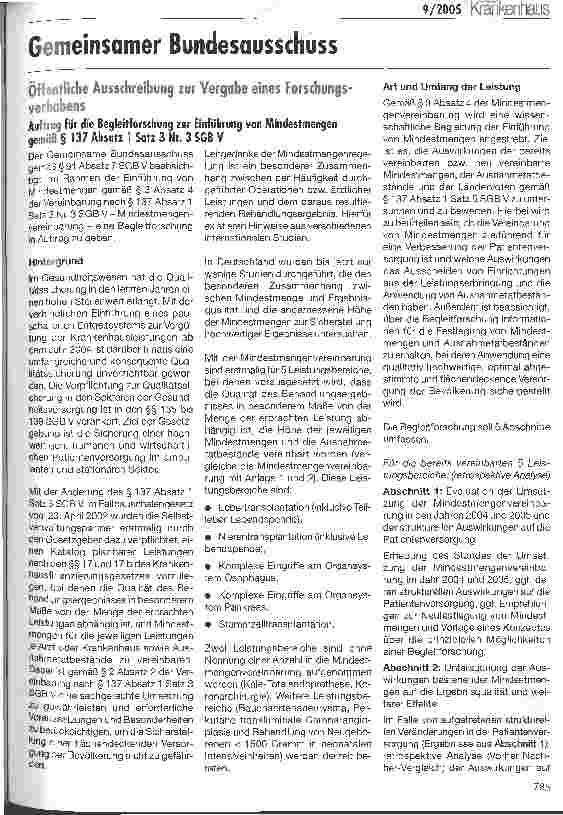 Vorschauseite 1: Gemeinsamer BundesausschussÖffentliche Ausschreibung zur Vergabe eines Forschungsvorhabens