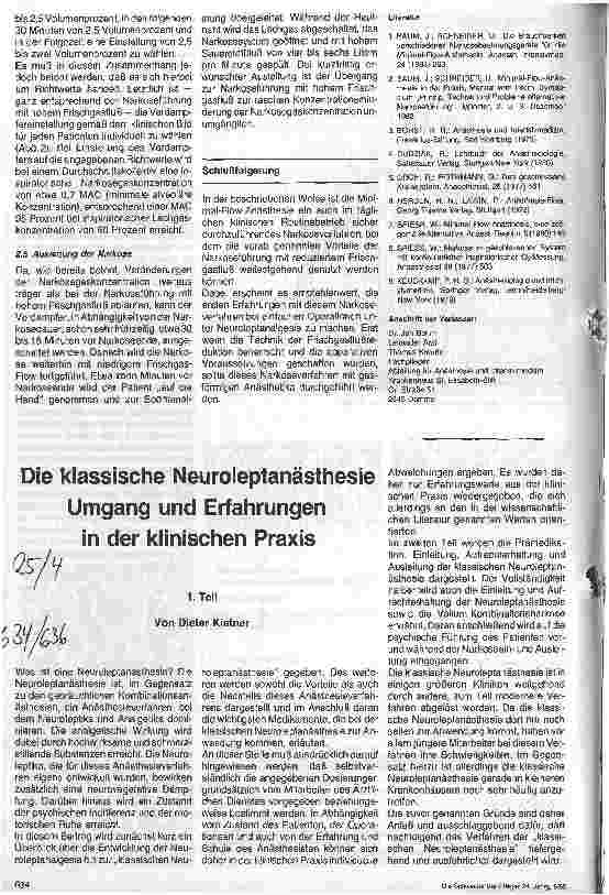 Vorschauseite 1: Die klassische Neuroleptanästhesie/Umgang und Erfahrungen in der klinischen Praxis (1.Teil)