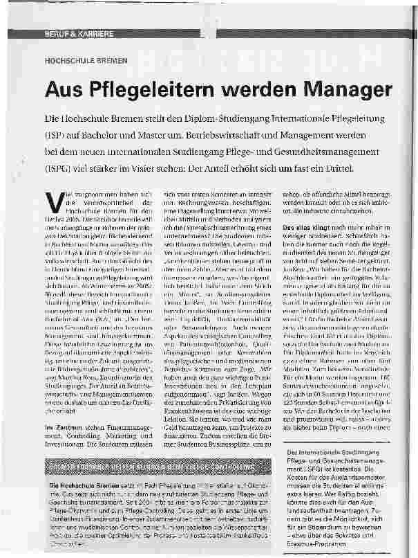 Vorschauseite 1: HOCHSCHULE BREMEN. Aus Pflegeleitern werden Manager