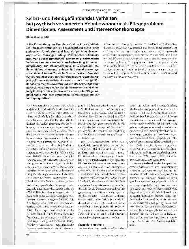 Vorschauseite 1: Selbstund fremdgefährdendes Verhaltenbei psychisch veränderten Heimbewohnern als Pflegeproblem: Dimensionen, Assessment und Interventionskonzepte