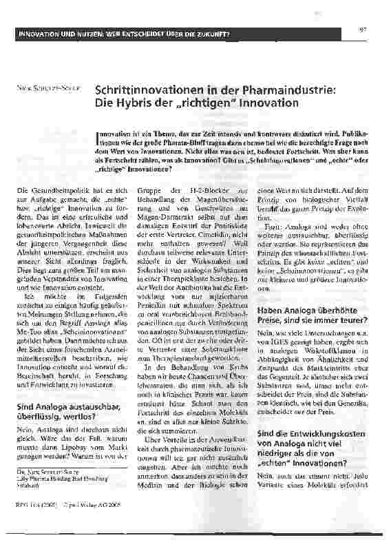 Vorschauseite 1: Schrittinnovationen in der Pharmaindustrie:Die Hybris der richtigen Innovation