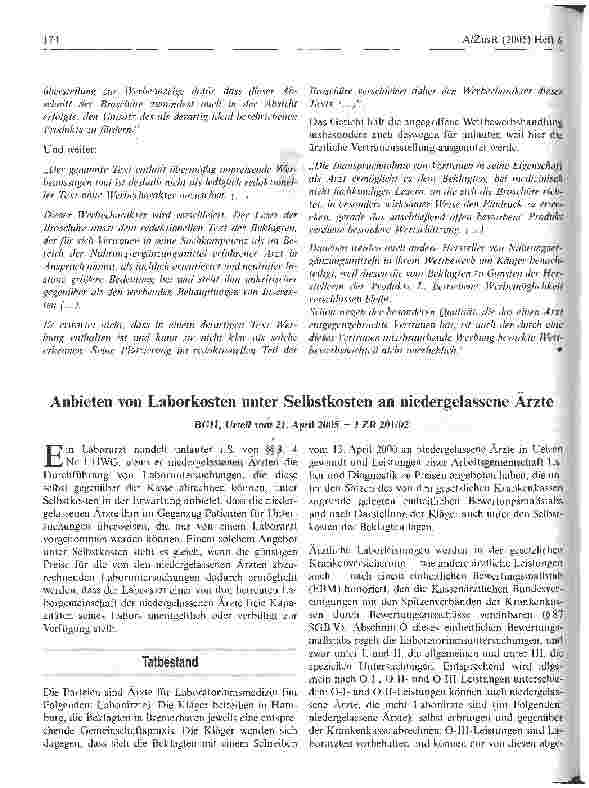 Vorschauseite 1: Anbieten von Laborkosten unter Selbstkosten an niedergelassene Ärzte