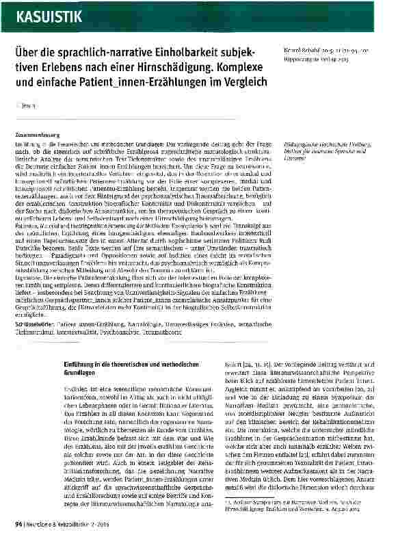 Vorschauseite 1: Über die sprachlich-narrative Einholbarkeit subjektiven Erlebens nach einer Hirnschädigung. Komplexe und einfache Patientjnnen-Erzählungen im Vergleich