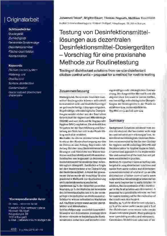 Vorschauseite 1: Testung von Desinfektionsmittel-lösungen aus dezentralen Desinfektionsmittel-Dosiergeräten -Vorschlag für eine praxisnahe Methode zur Routinetestung