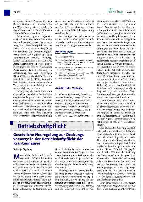 Vorschauseite 1: Gesetzliche Neuregelung zur Deckungsvorsorge in der Betriebshaftpflicht der Krankenhäuser