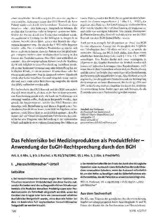 Vorschauseite 1: Das Fehlerrisiko bei Medizinprodukten als Produktfehler Anwendung der EuGH-Rechtsprechung durch den BGH