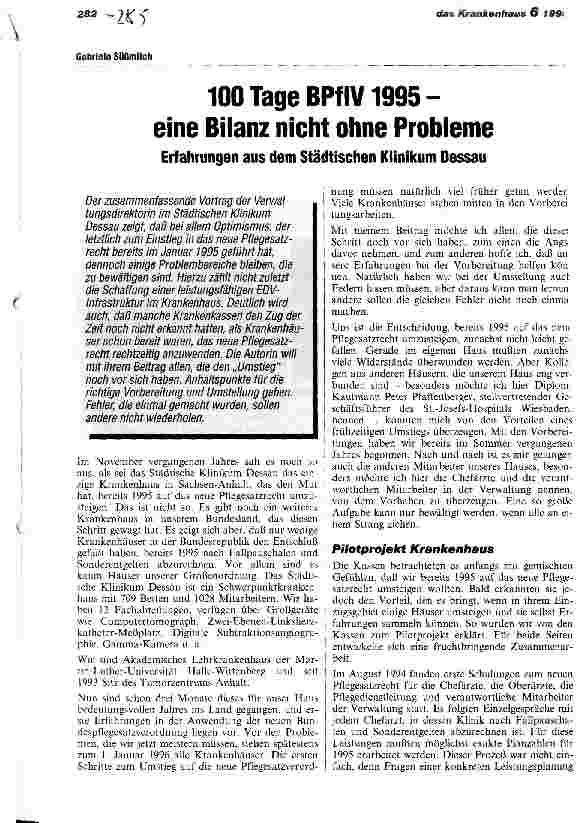 Vorschauseite 1: 100 Tage BPlfV 1995 - eine Bilanz nicht ohne Probleme Erfahrungen aus dem Städtischen Klinikum Dessau